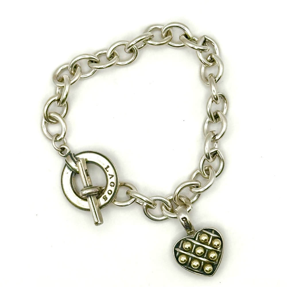 Lagos Caviar Two Tone  Silver & 18 Kt Gold Reversible  Heart Charm Bracelet